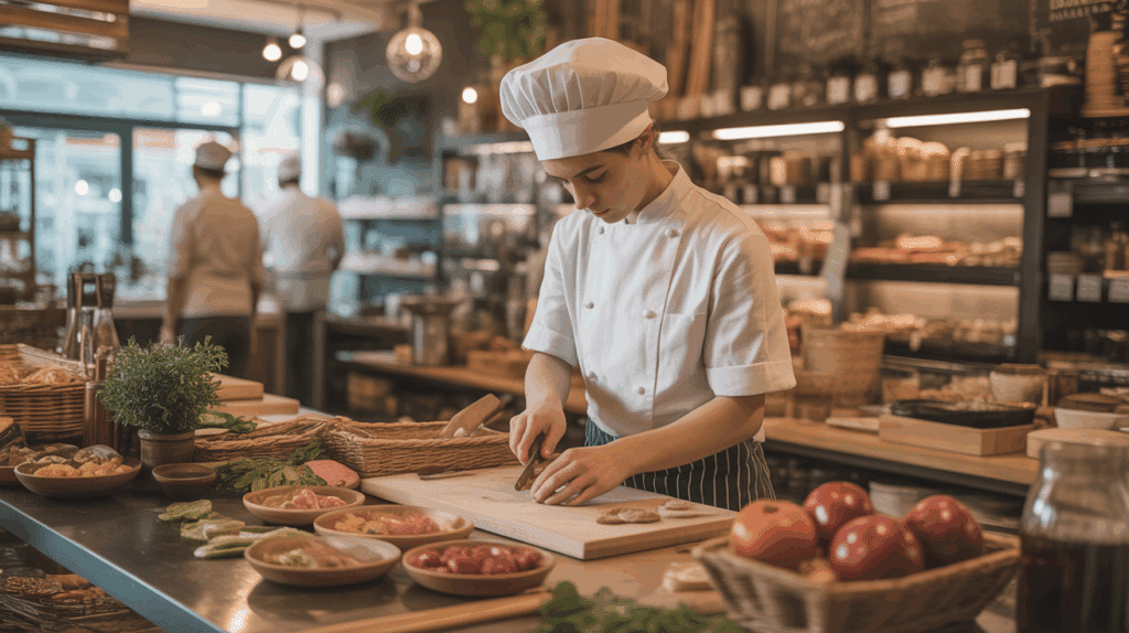 Chef préparant des ingrédients en cuisine équipée.