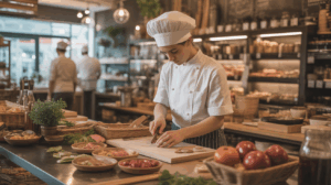 Chef préparant des ingrédients en cuisine équipée.