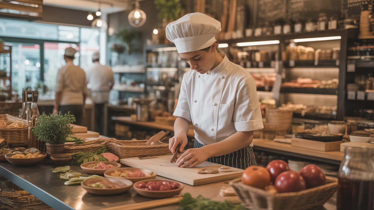 Chef préparant des ingrédients en cuisine équipée.
