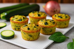 Muffins aux courgettes sur assiette blanche.