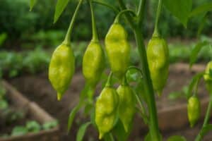 Piments verts accrochés à une plante dans un jardin.