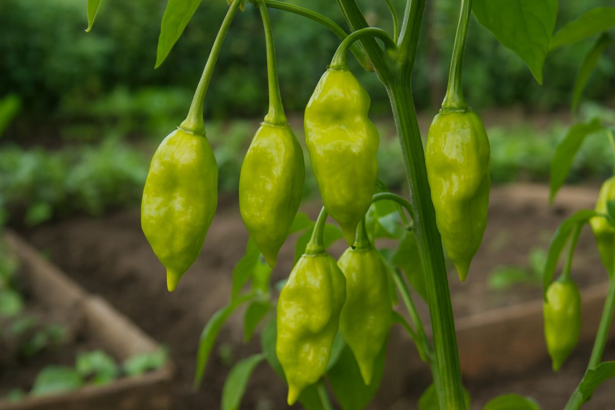 Piments verts accrochés à une plante dans un jardin.