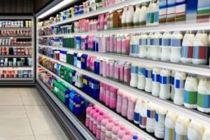 Rayons de produits laitiers dans un supermarché.