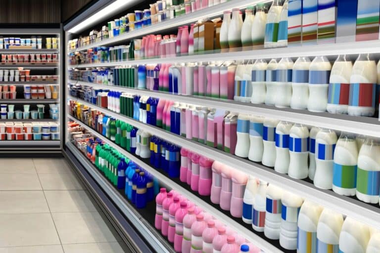 Rayons de produits laitiers dans un supermarché.
