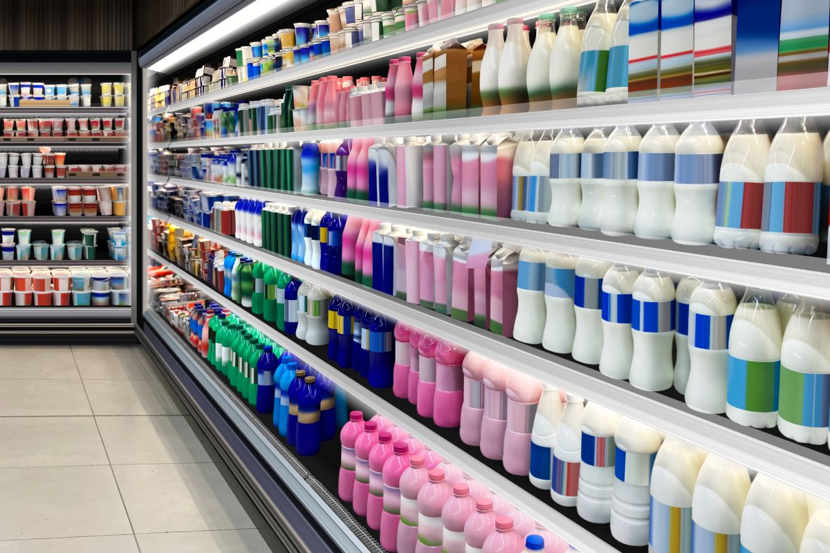 Rayons de produits laitiers dans un supermarché.