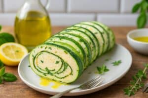 Roulé de courgette et fromage, huile d'olive, citron.