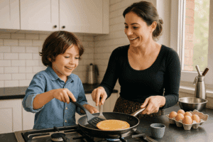 Femme et enfant cuisinant dans la cuisine.