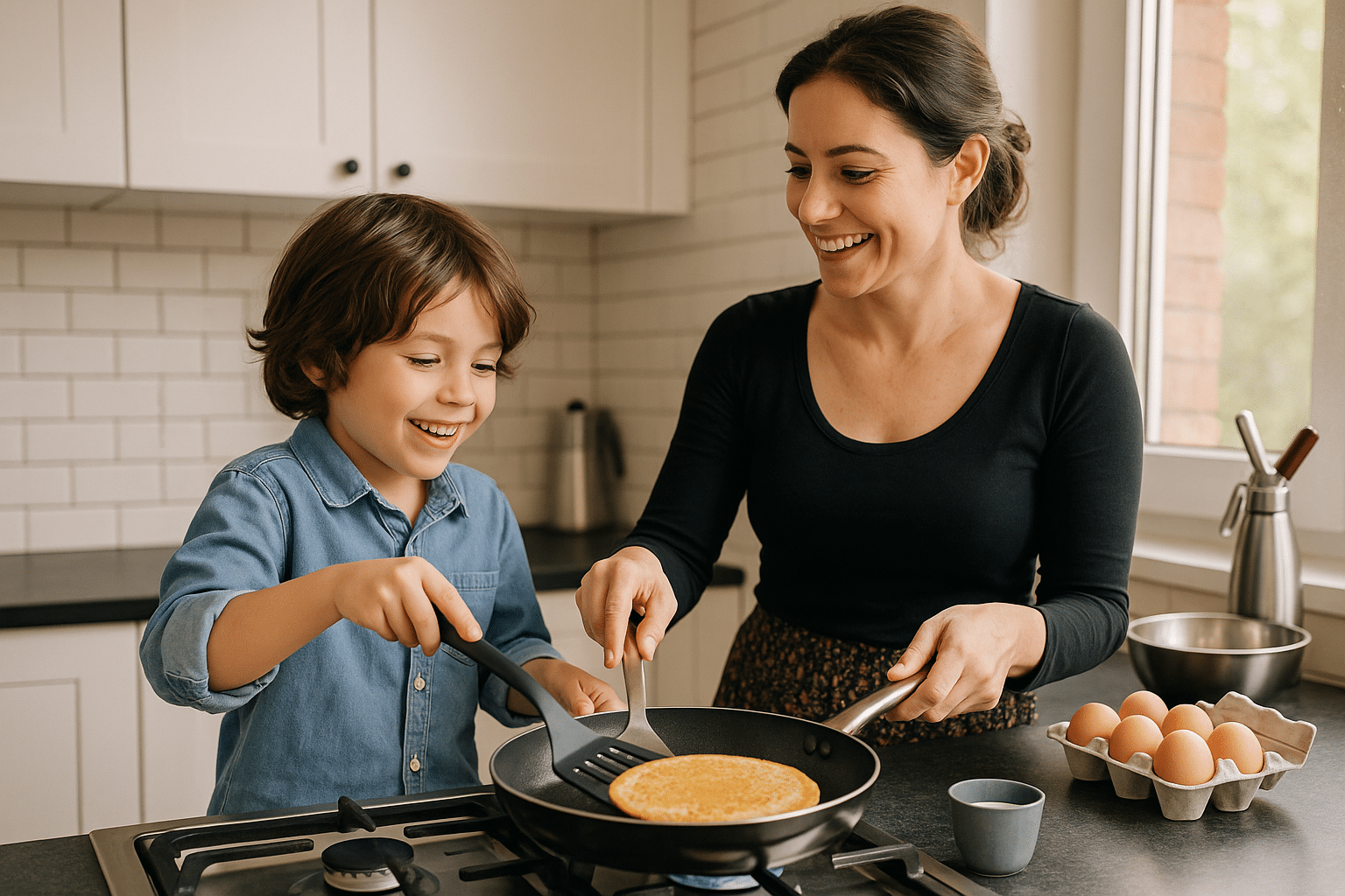 Femme et enfant cuisinant dans la cuisine.