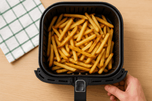 Frites dorées dans une friteuse à air.