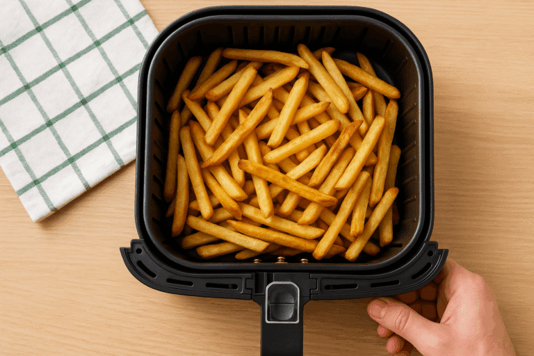 Frites dorées dans une friteuse à air.