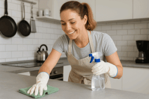 Personne nettoyant une cuisine avec un spray.