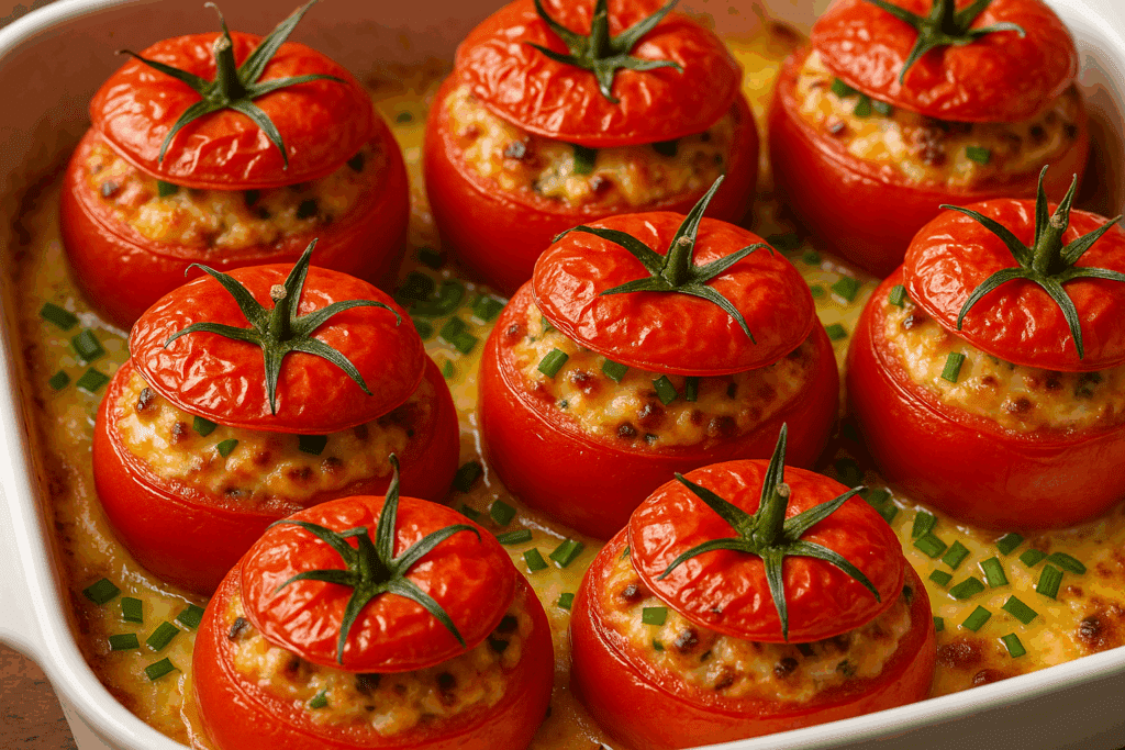 Tomates farcies au four dans un plat blanc.