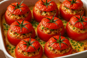 Tomates farcies au four dans un plat blanc.