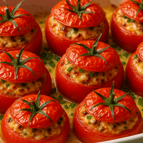 Tomates farcies au four dans un plat blanc.