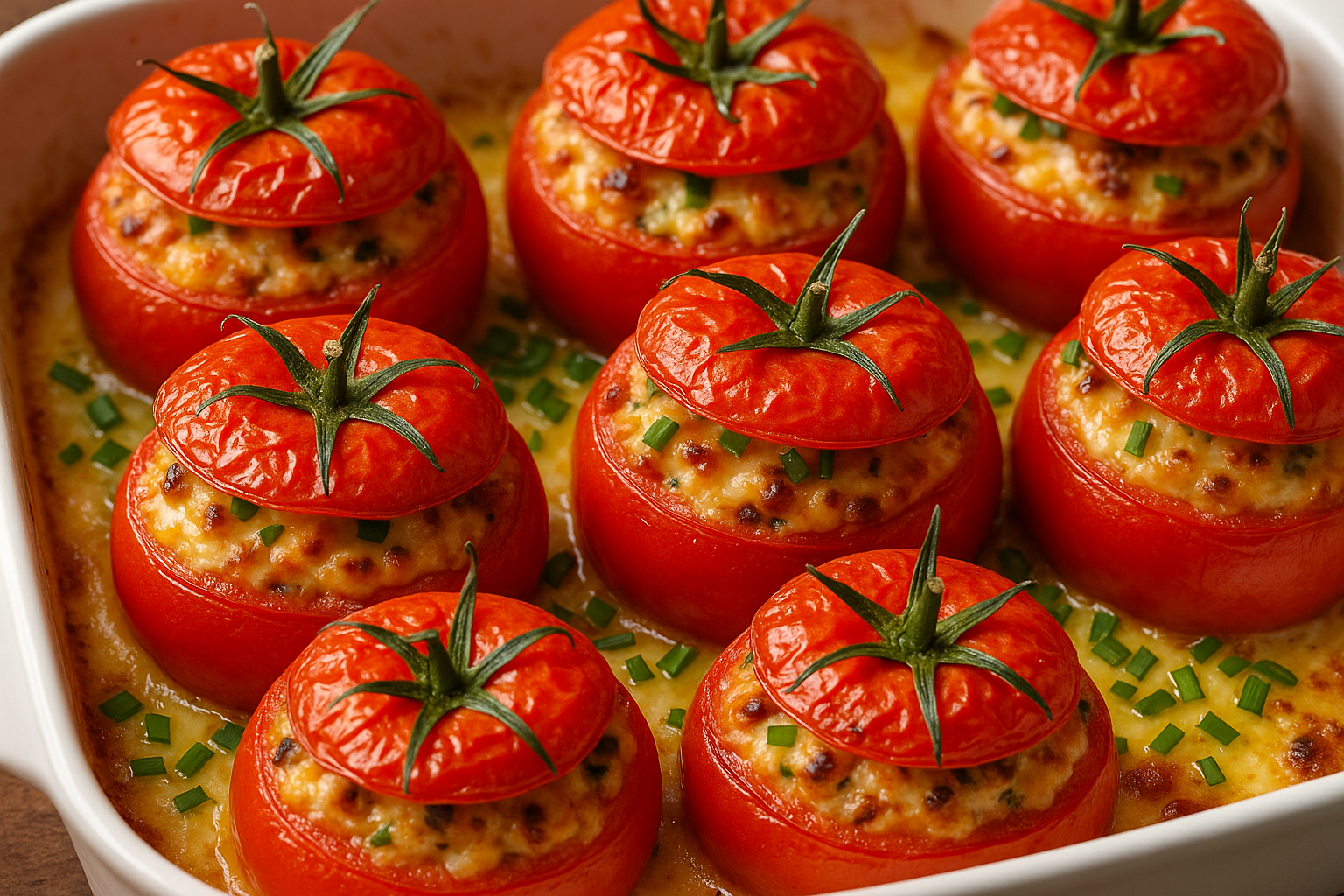 Tomates farcies au four dans un plat blanc.