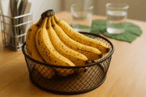 Bananes mûres dans un panier sur la table.