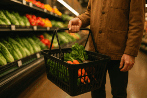 Homme avec panier de légumes au supermarché.