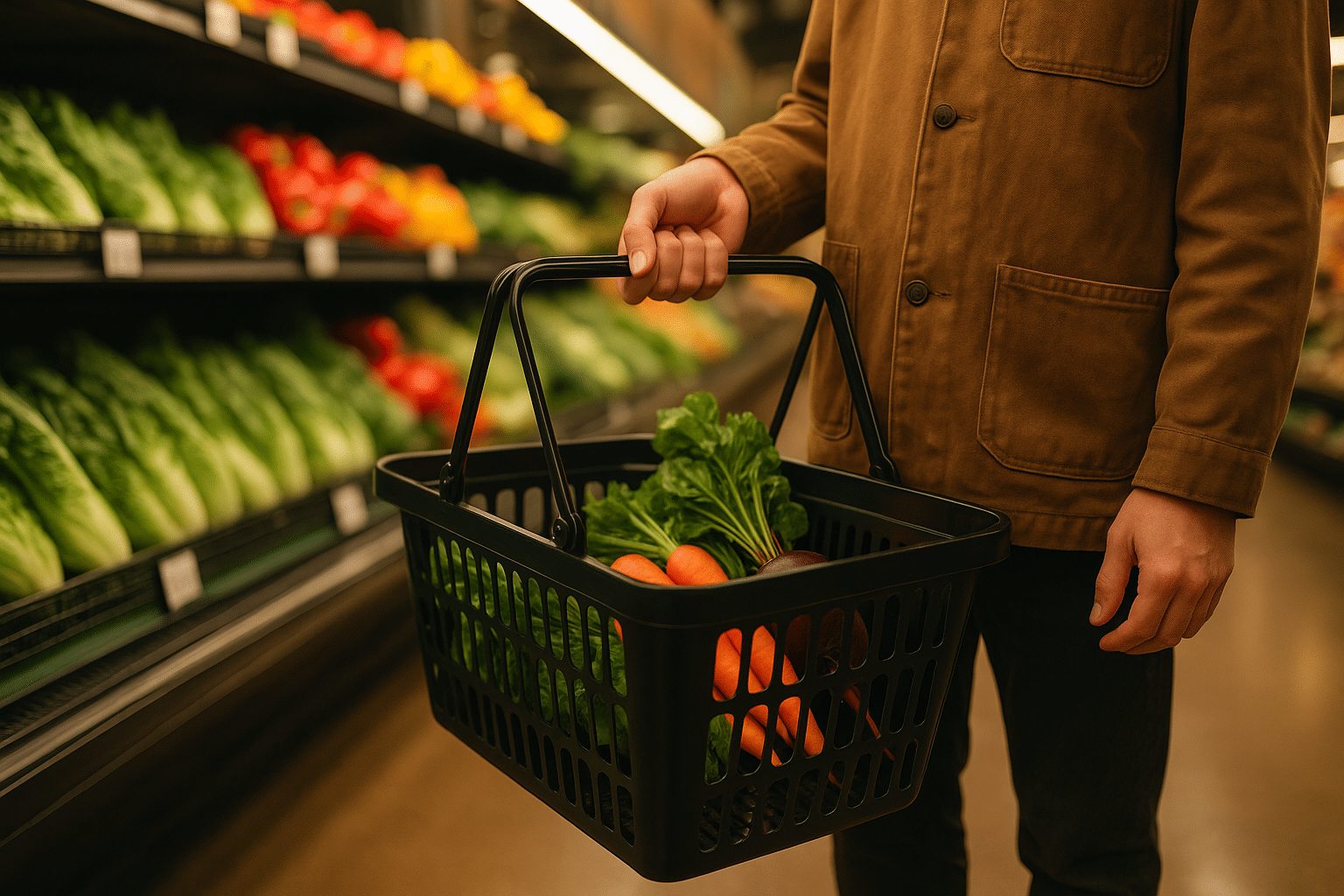 Homme avec panier de légumes au supermarché.