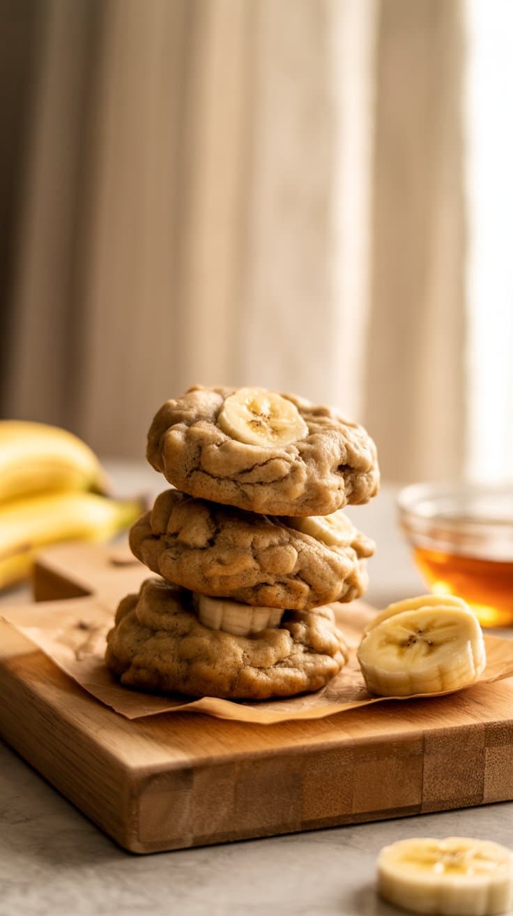 Cookies à la banane empilés sur une planche.