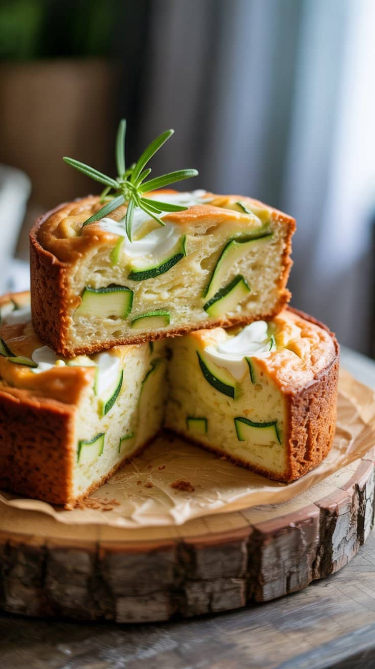 Gâteau salé courgette et fromage, tranché.