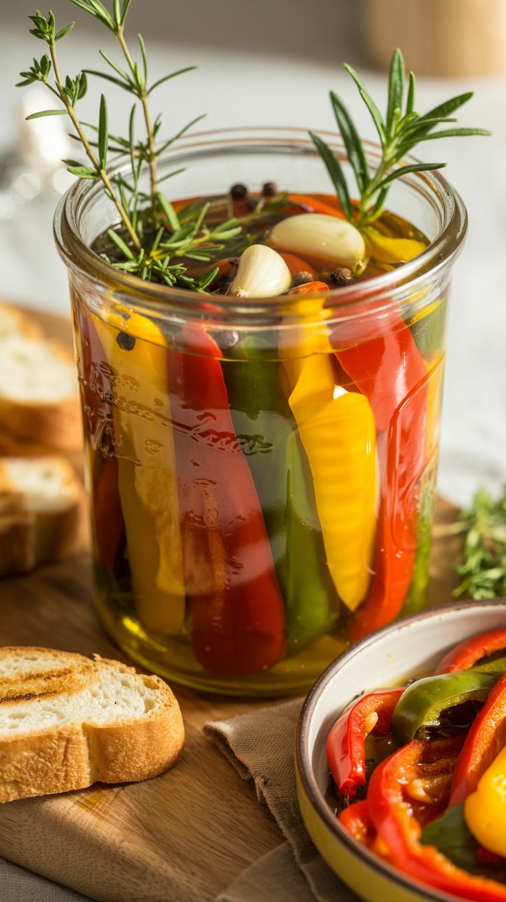 Bocal de poivrons marinés aux herbes.