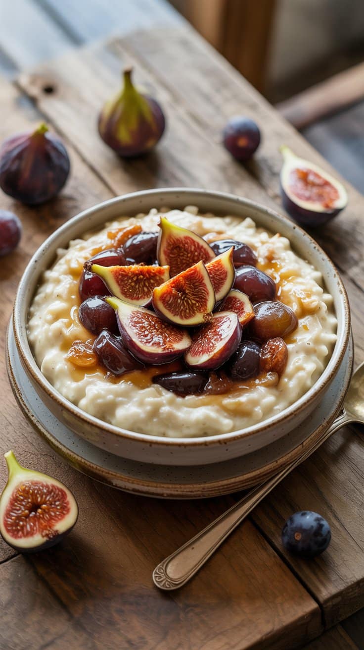 Bol de riz au lait avec figues fraîches.