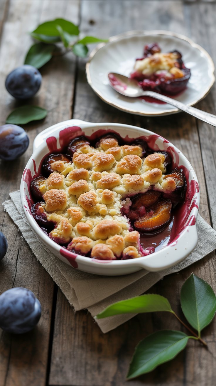 Crumble aux prunes sur table en bois rustique.