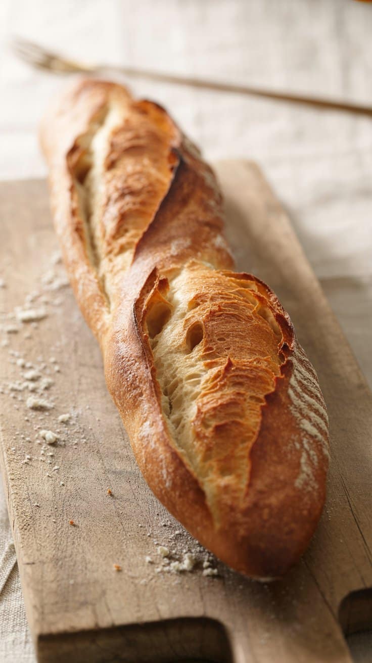 Baguette de pain sur une planche en bois.