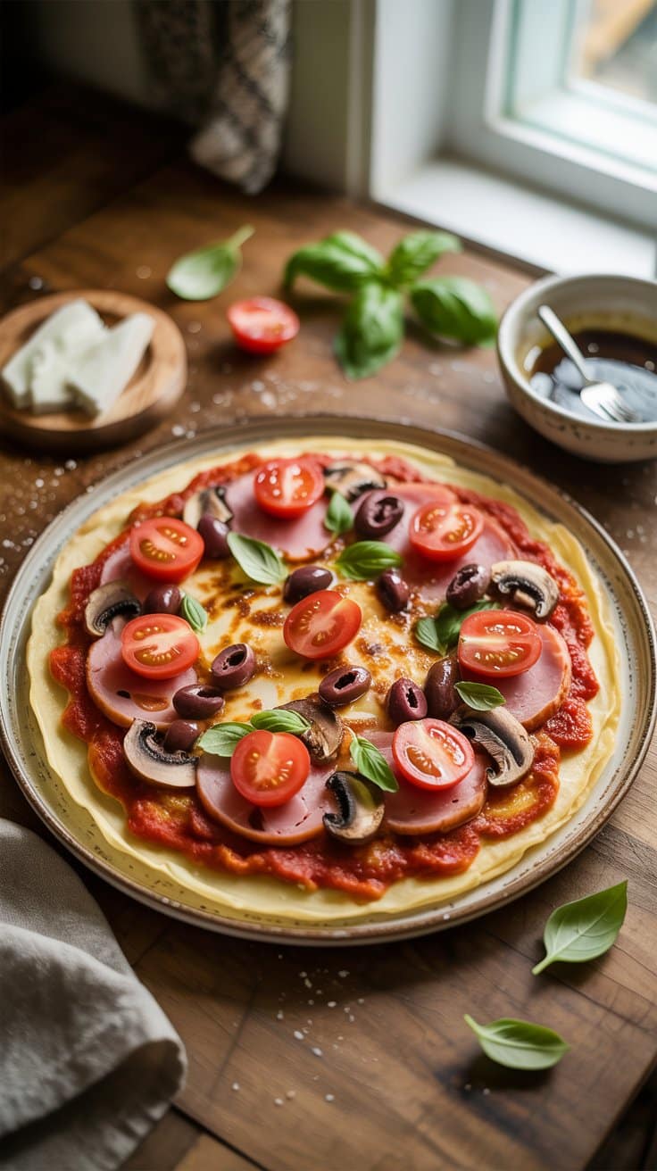 Pizza avec tomates, jambon, olives, basilic.