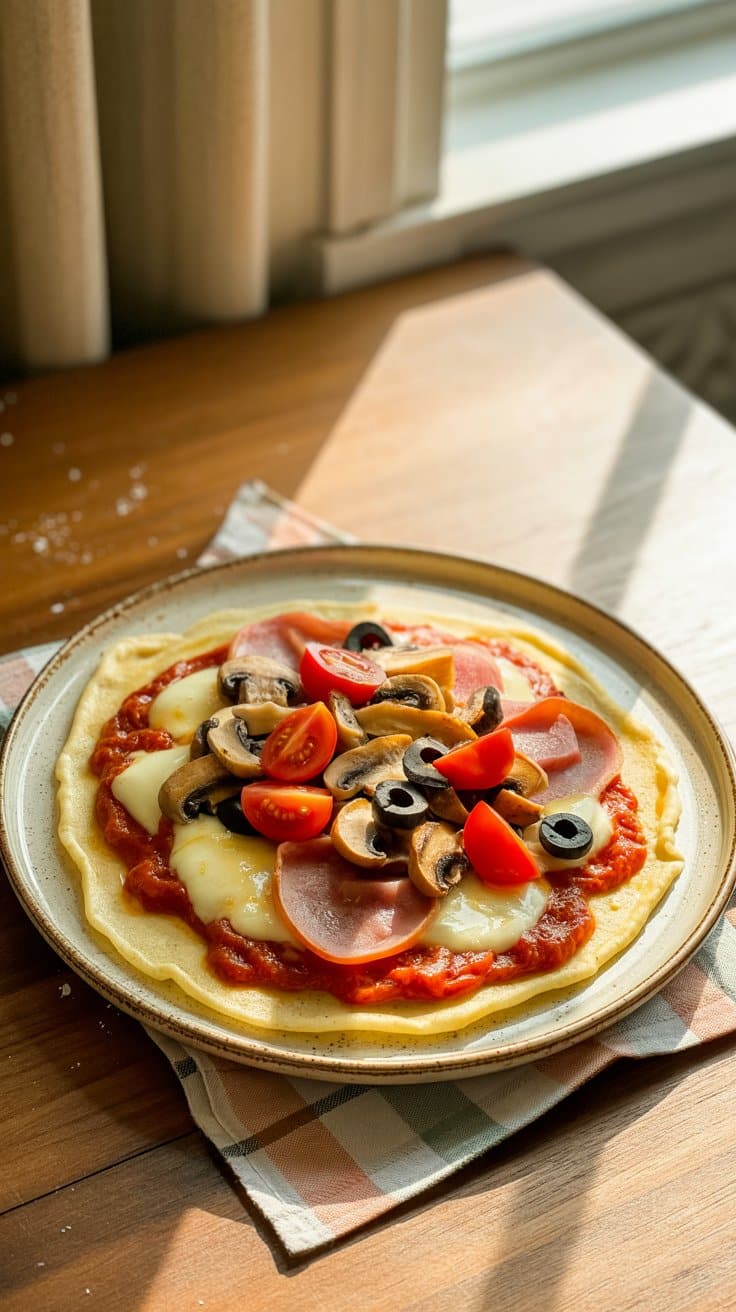 Pizza aux légumes et fromage sur assiette blanche.