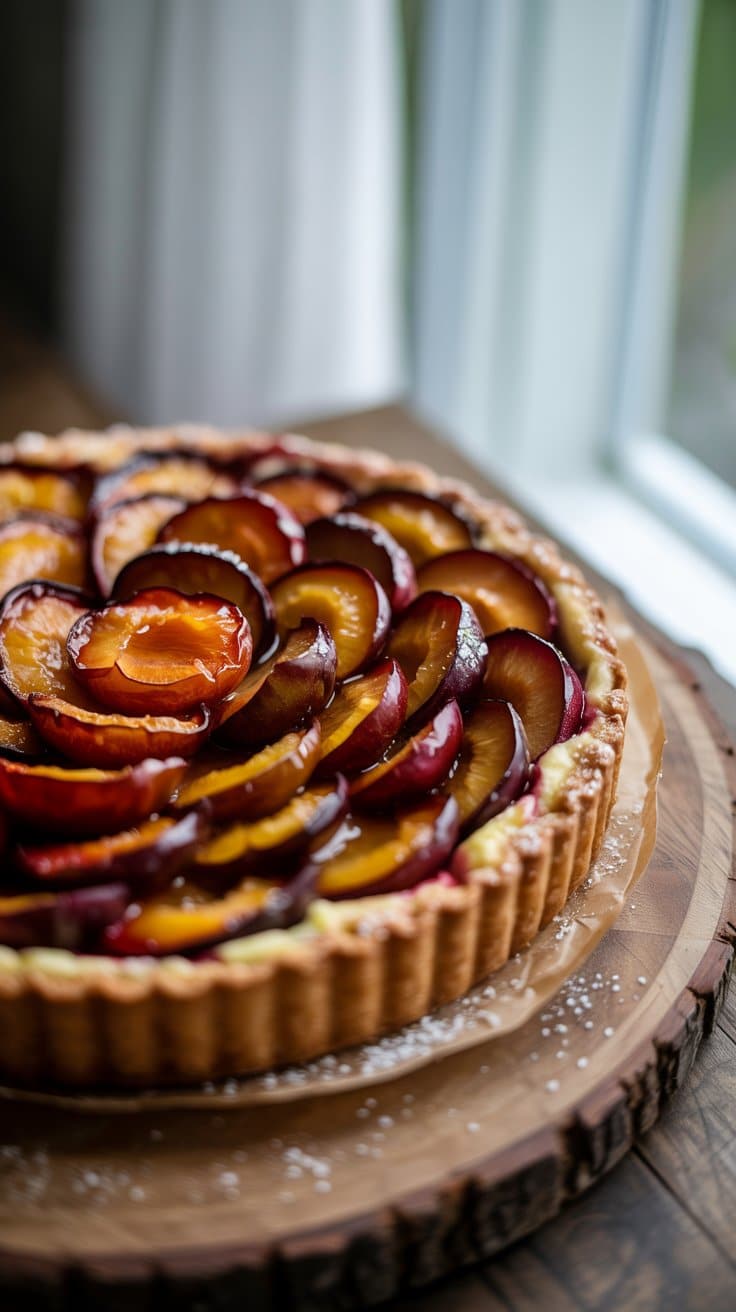 Tarte aux prunes mûres près de la fenêtre.