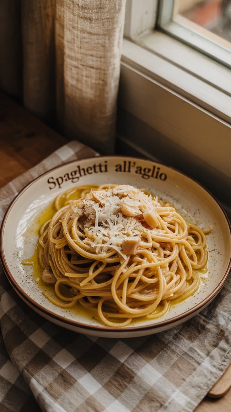 Assiette de spaghetti à l'ail et parmesan.
