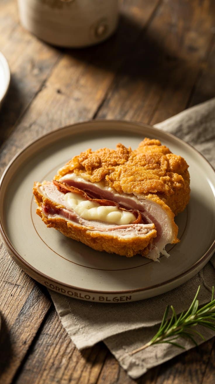 Cordon bleu au fromage et jambon sur assiette.