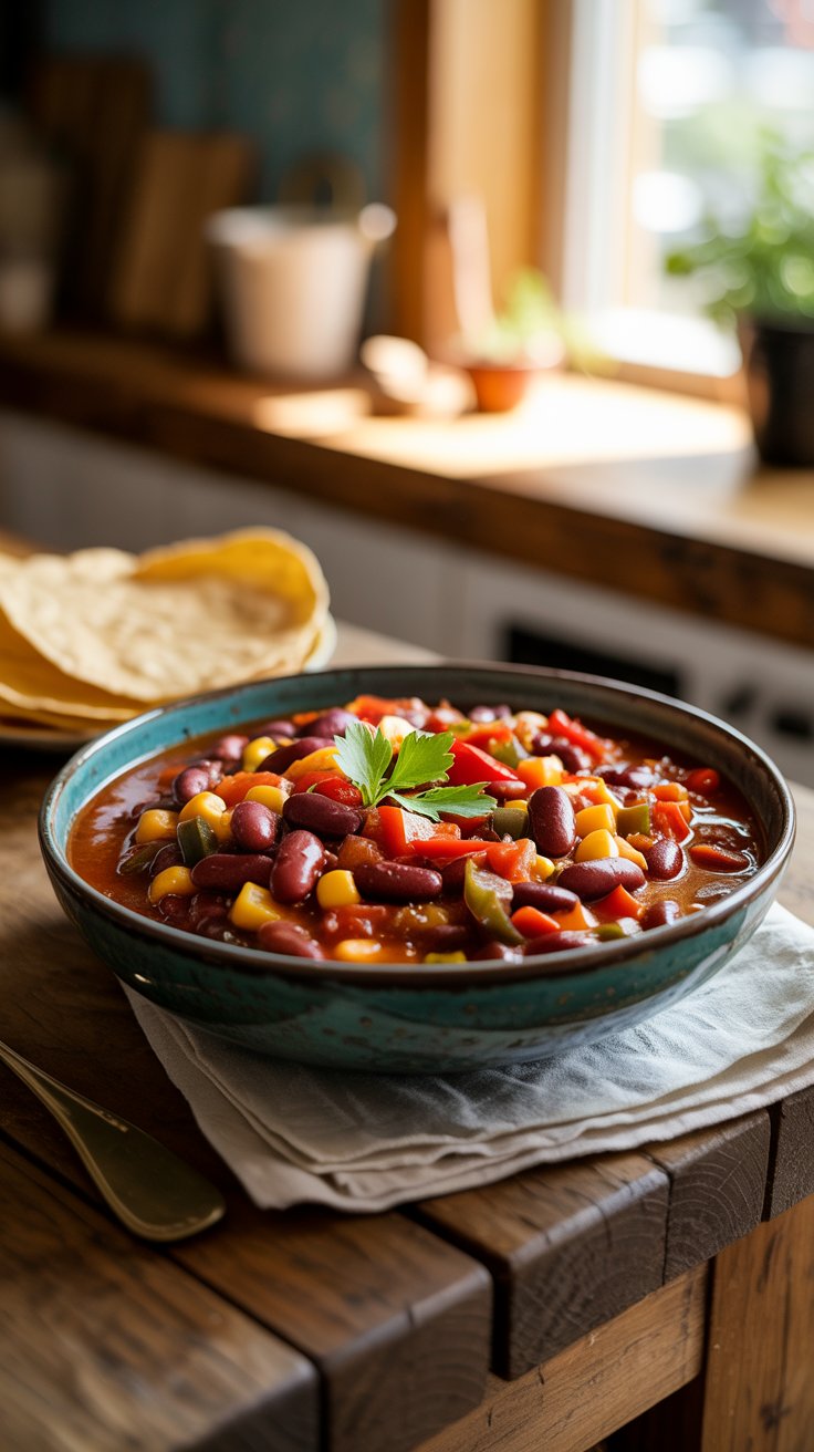 Bol de chili végétarien coloré sur table en bois.