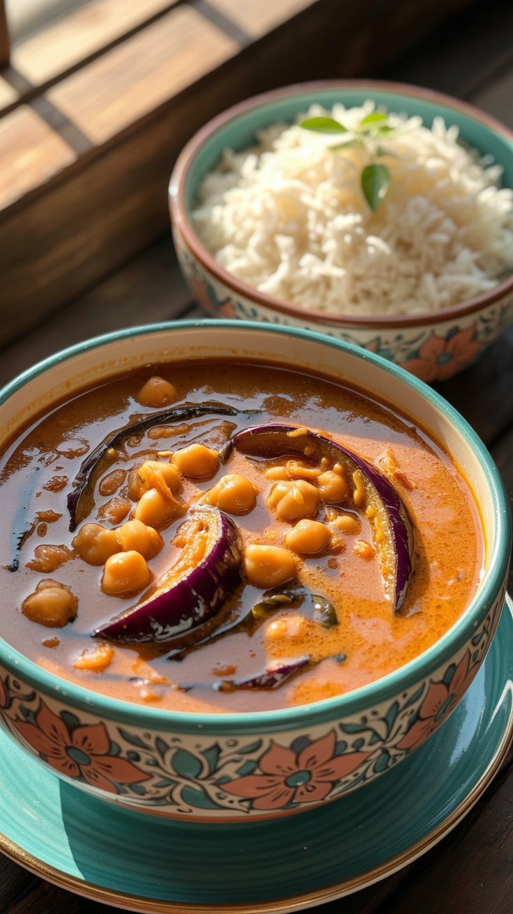 Curry de pois chiches avec riz en arrière-plan.