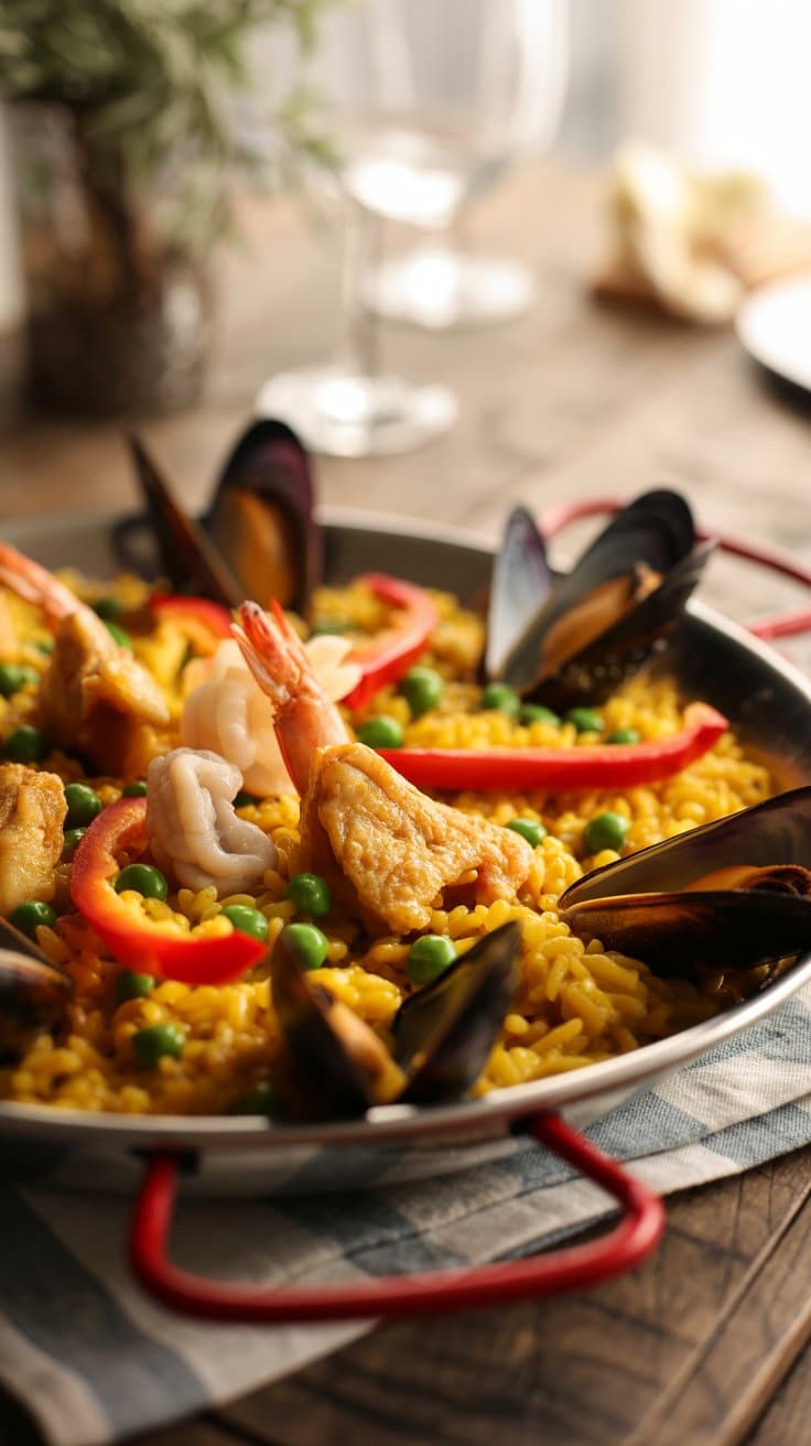 Paella aux fruits de mer sur une table
