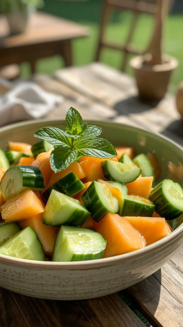 Salade de concombre et melon avec menthe fraîche.