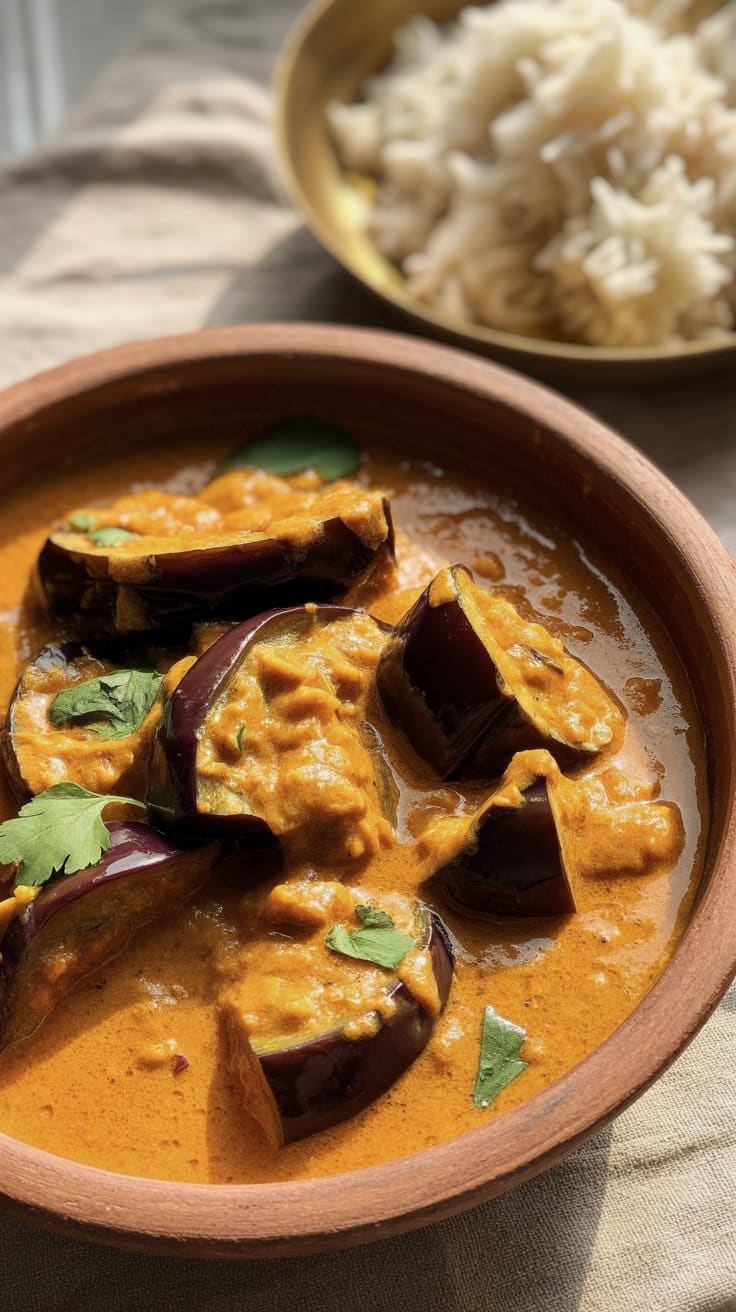 Curry d'aubergines avec riz en arrière-plan.