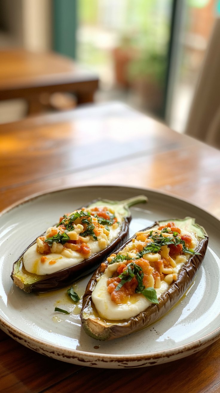 Aubergines farcies au fromage et légumes.