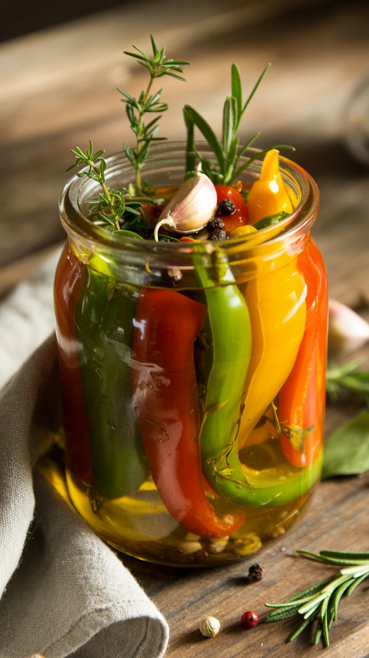 Bocal de poivrons marinés avec épices et herbes.