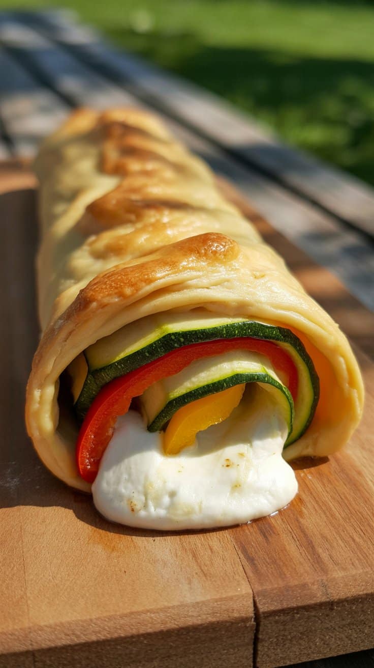 Pâte feuilletée roulée avec légumes colorés et fromage.