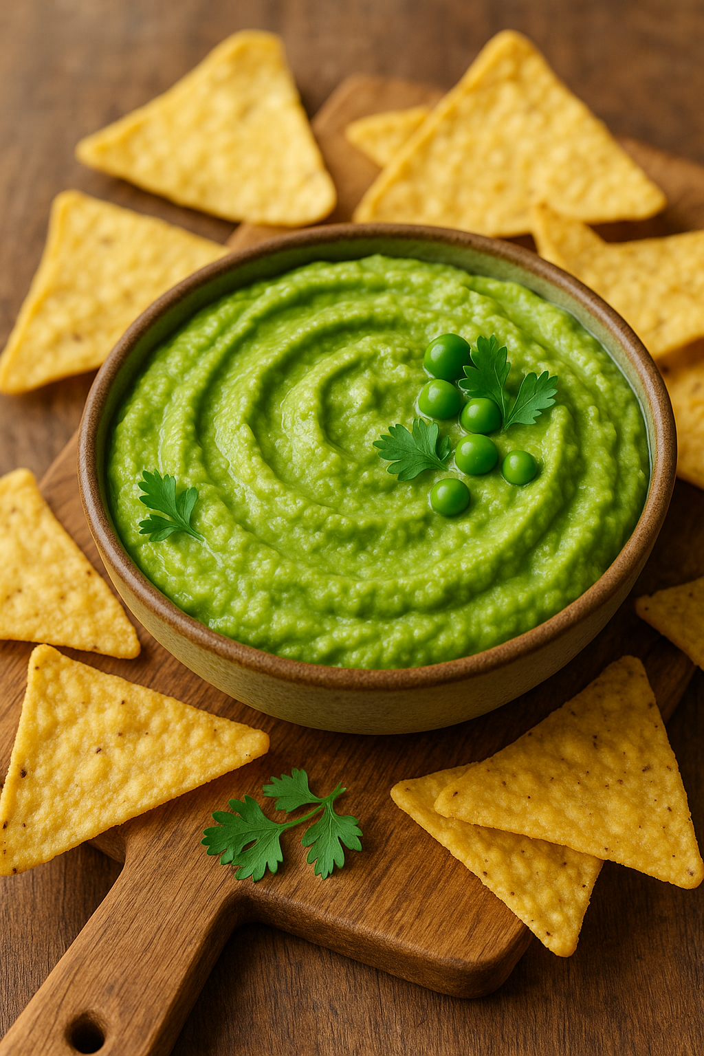 Guacamole et chips tortilla sur planche.