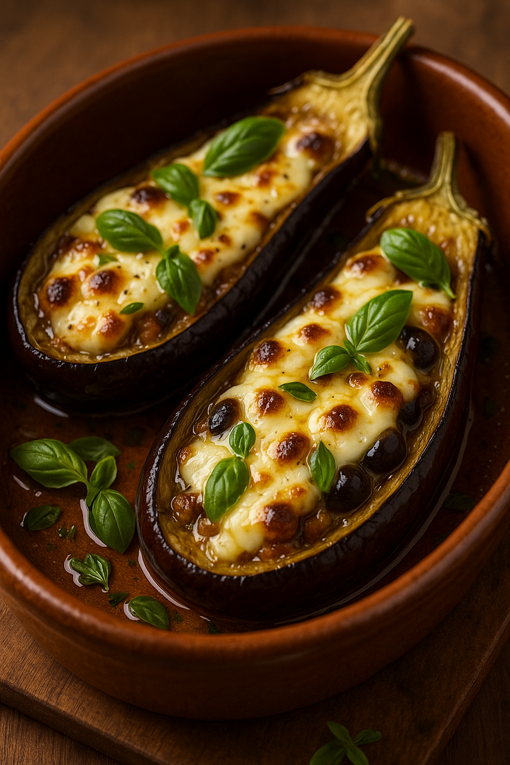 Aubergines gratinées avec fromage et basilic.