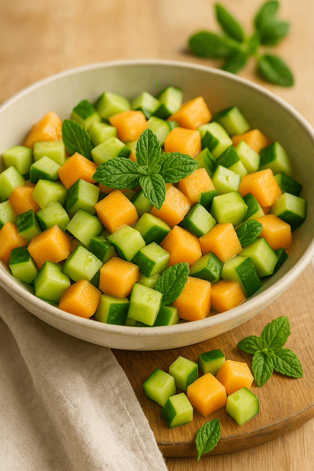 Salade fraîche de melon et concombre, menthe en décoration.
