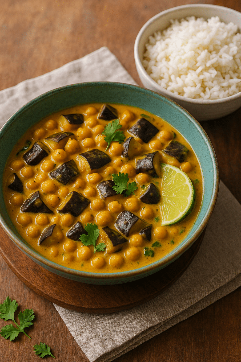 Curry de pois chiches et aubergines avec riz.