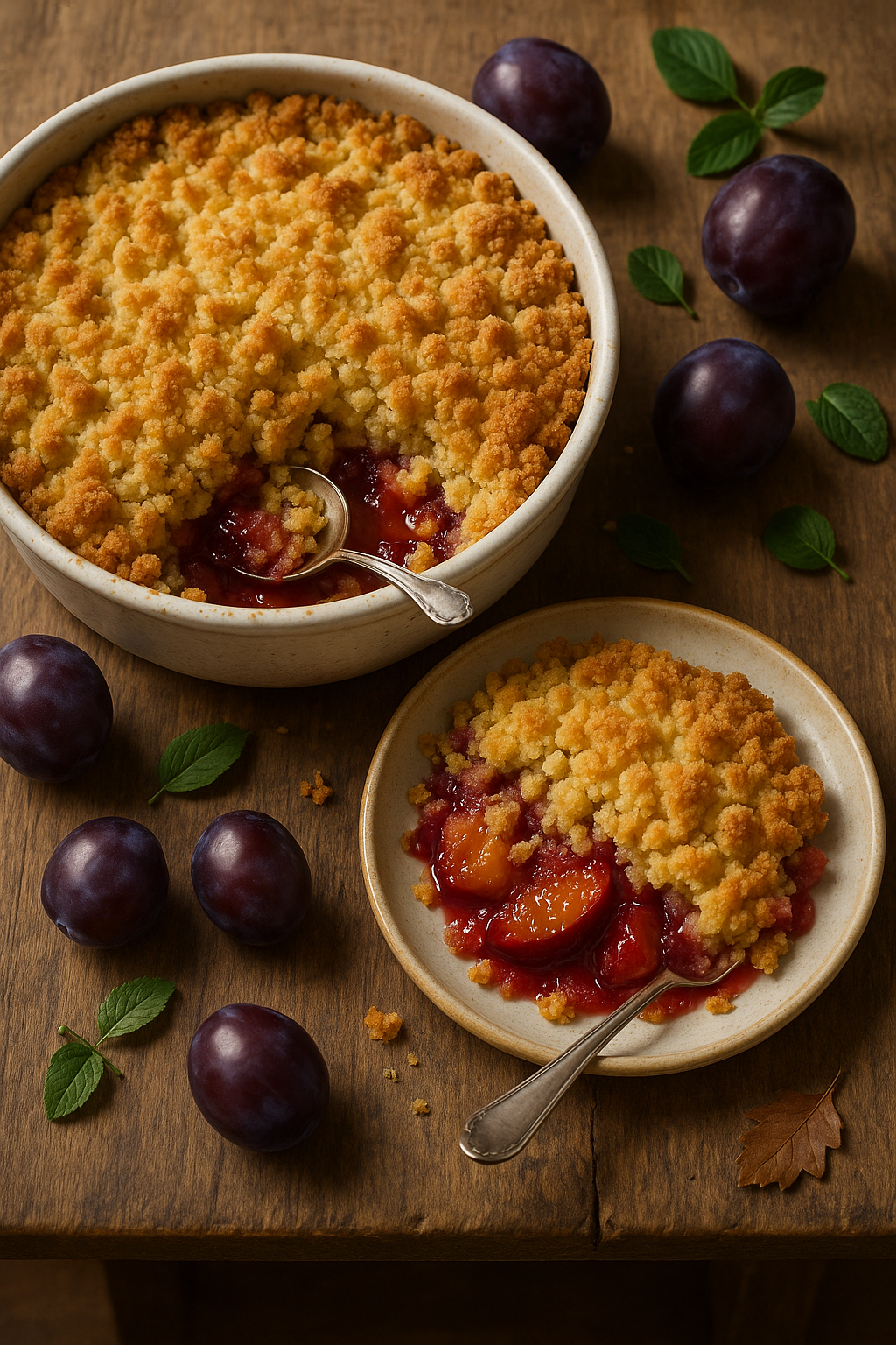 Crumble aux prunes sur une table en bois.