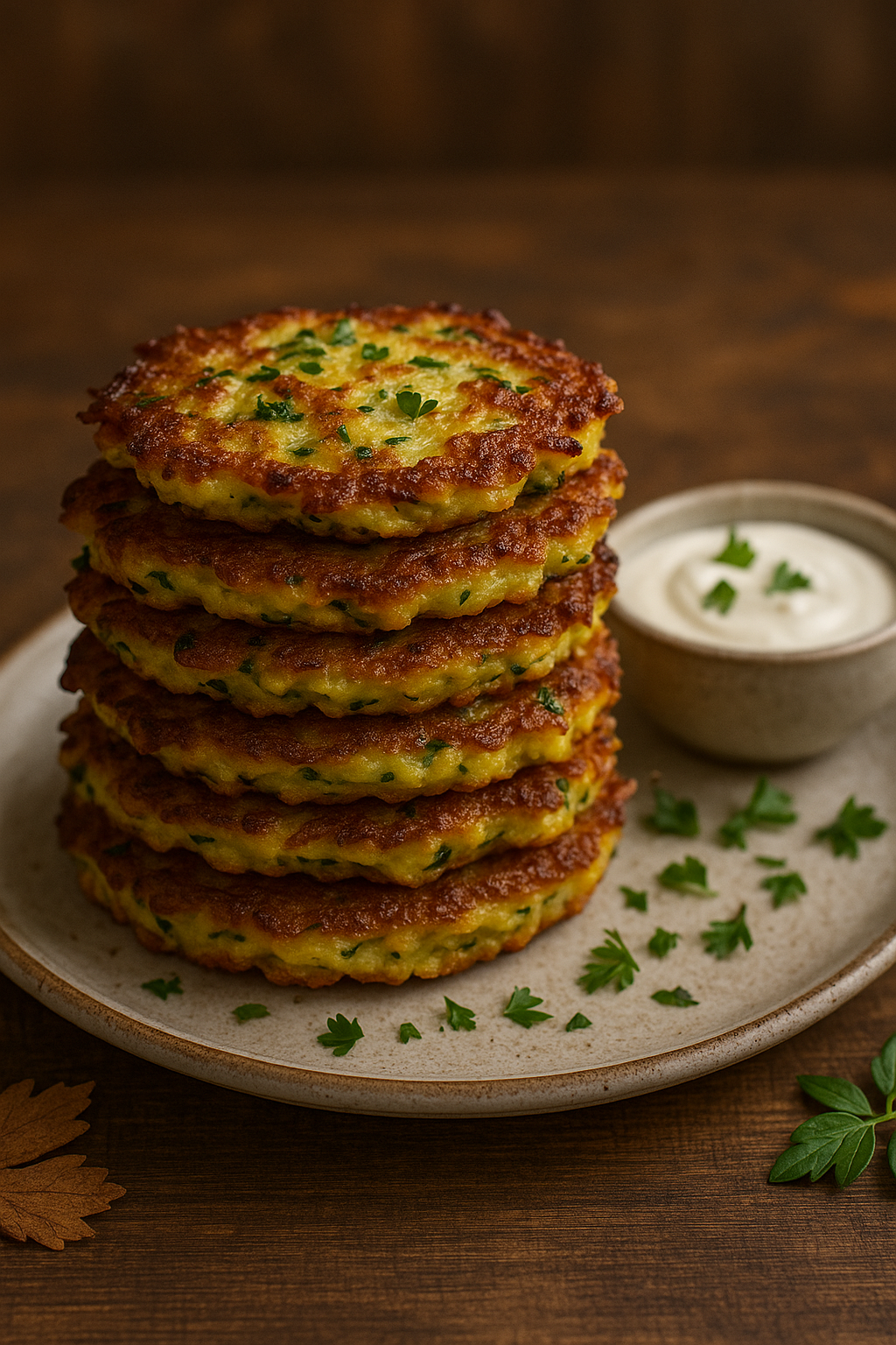 Galettes de courgettes avec sauce blanche, persil frais.