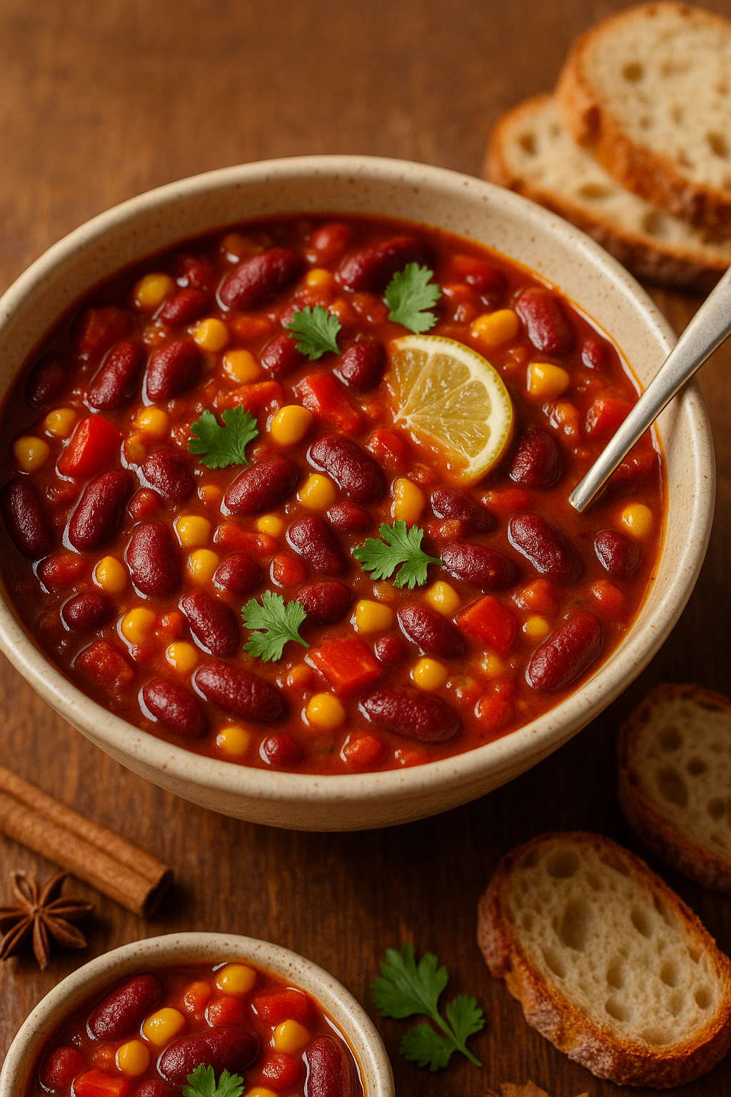 Bol de chili aux haricots et citron.