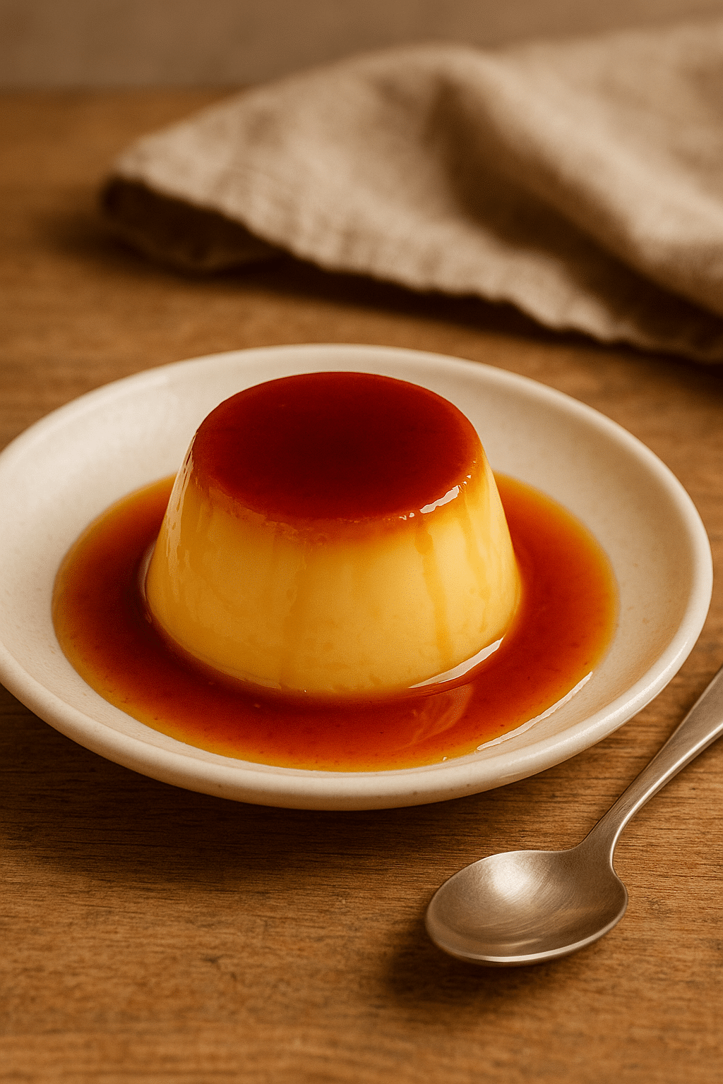 Flan caramel sur assiette avec cuillère