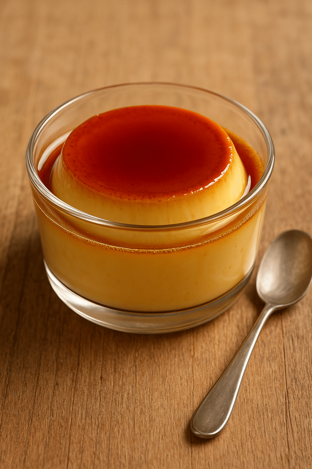 Crème caramel dans un bol en verre.